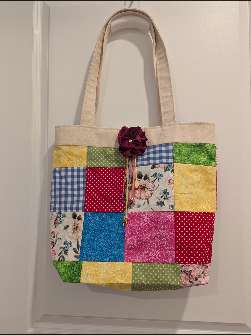 Multicolor Patchwork Tote with Cream Trim and Burgundy Rosette ( Handcrafted)